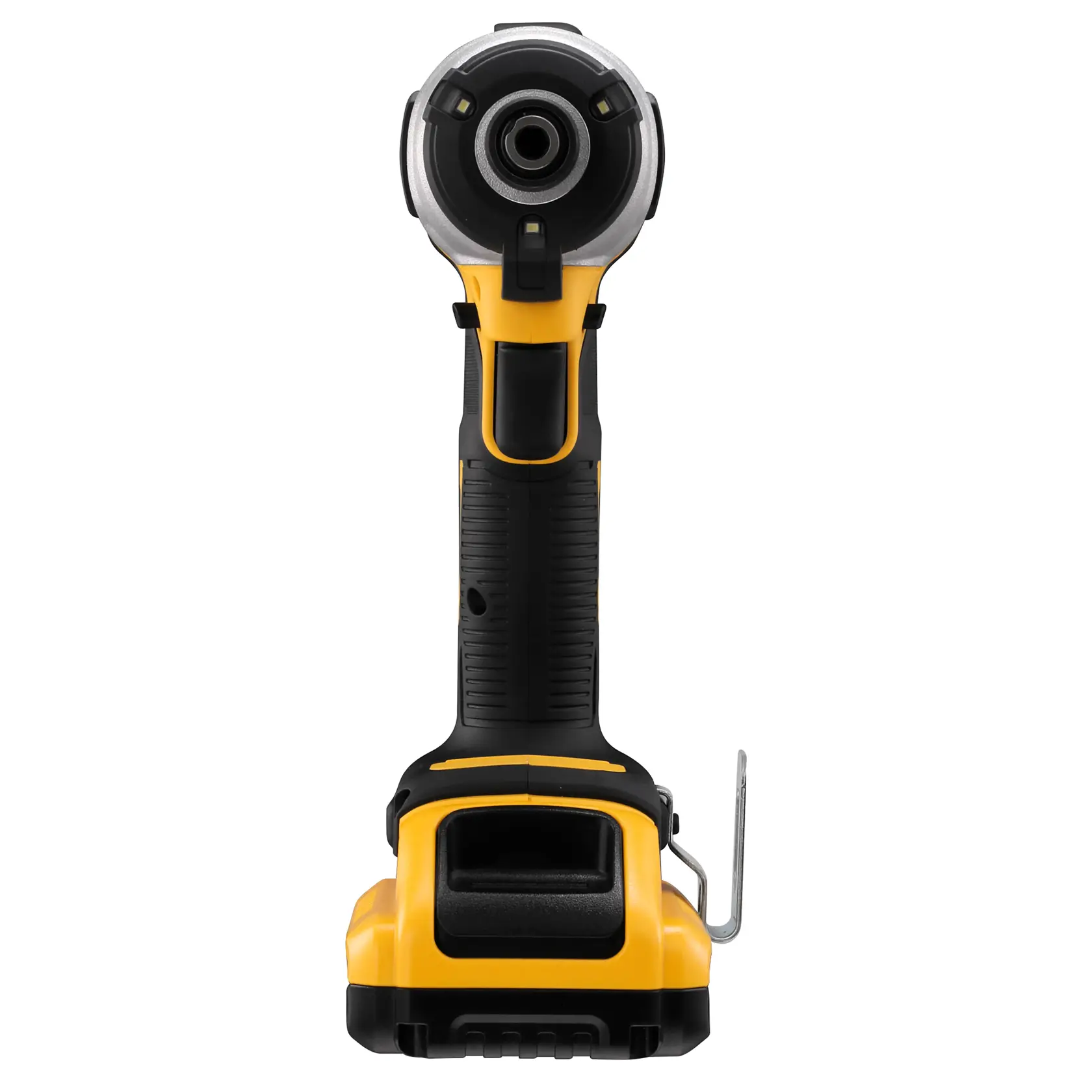 Front view of a DEWALT cordless impact driver with yellow and black handle, battery attached.