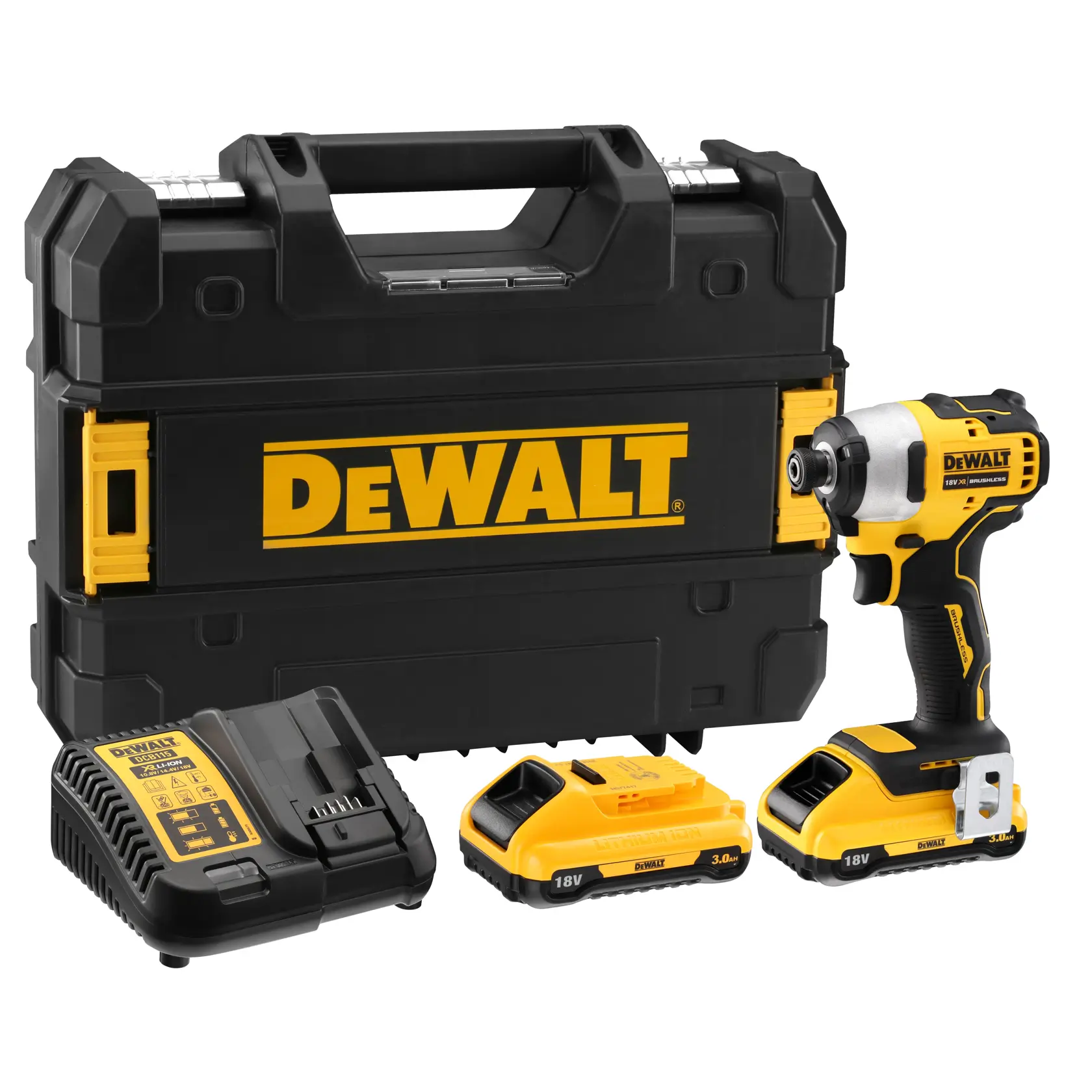 DEWALT 18V impact driver kit with case, charger, and two batteries, model DCF809L2T.