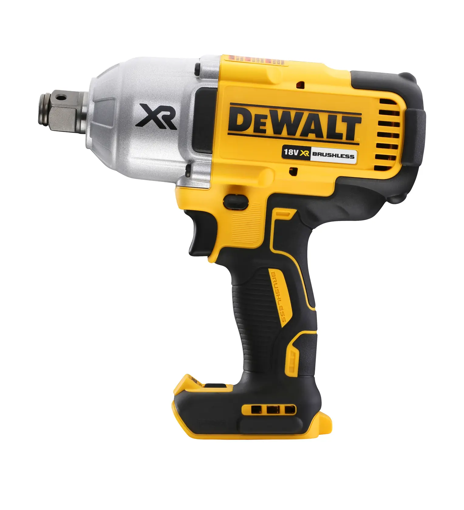 Photo of DEWALT DCF897N 18V XR cordless brushless impact wrench, side view, yellow and black body, white background.