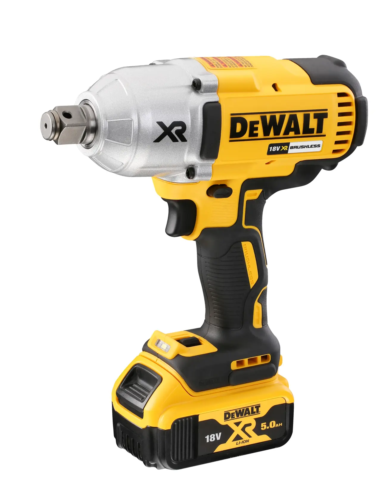 Photo of DEWALT DCF897N cordless impact wrench, yellow and black, side angle, XR 18V 5.0Ah battery visible.