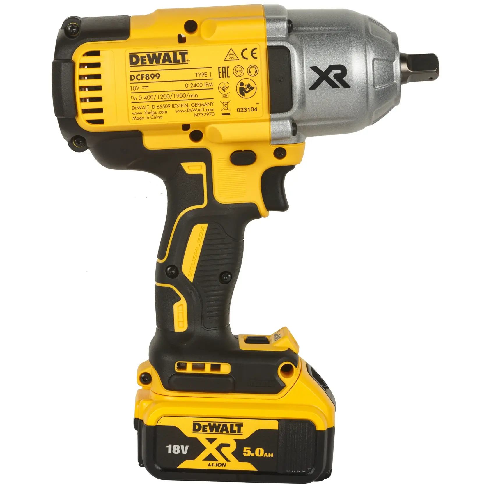 DEWALT DCF899P2-QW cordless impact wrench, 18V XR, yellow and black, shown with 5.0Ah battery attached.