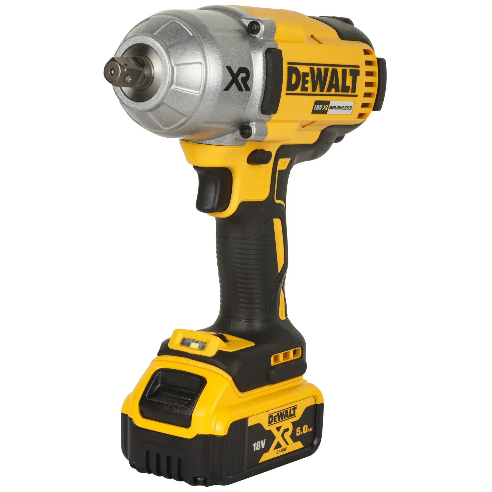 Yellow Dewalt cordless impact wrench with 18V battery, model DCF899P2-QW, shown upright.