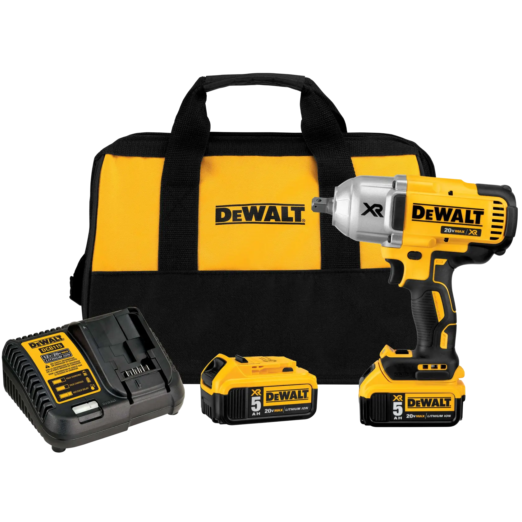 A black hard plastic carrying case containing a DEWALT cordless impact wrench, two rechargeable batteries, and a battery charger, arranged neatly inside.