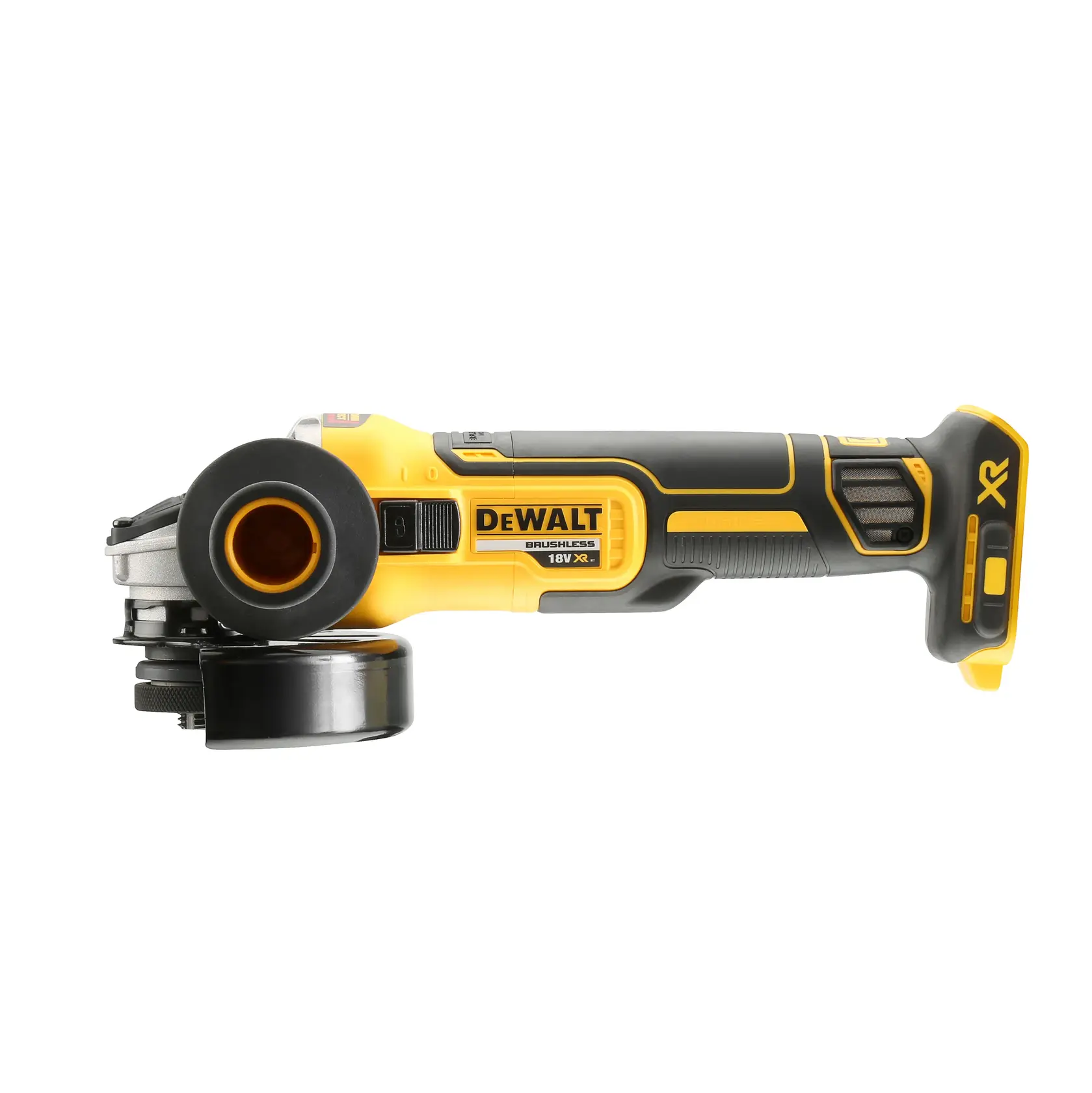 DeWalt cordless angle grinder, yellow/black, side view, SKUs DCG405N-B1, DCG405N-XJ, DCG405N.