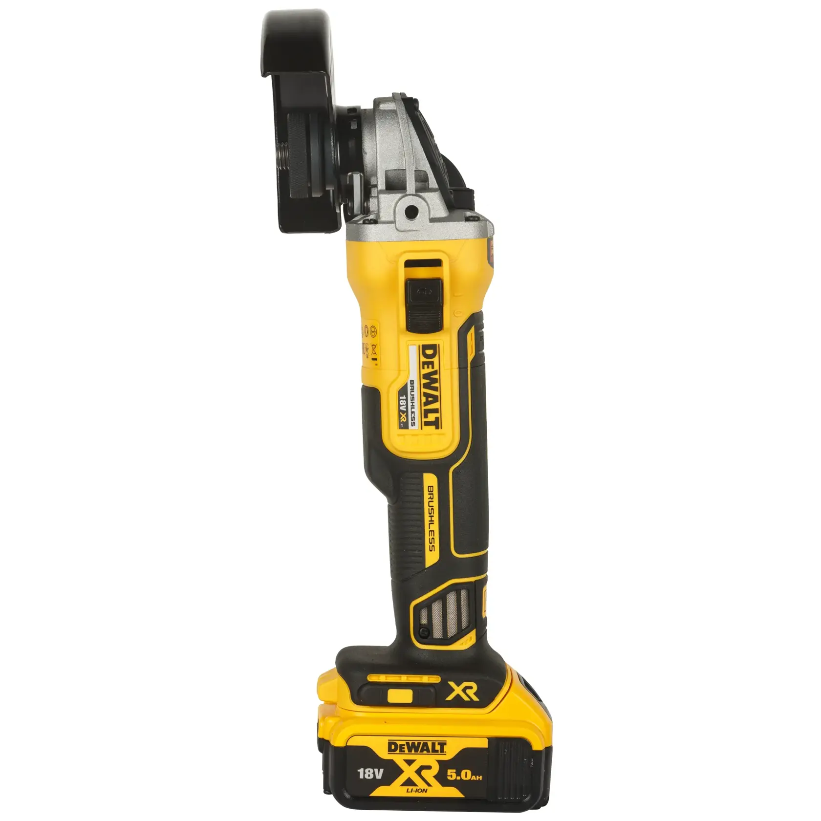 DEWALT cordless angle grinder DCG405P2-QW, yellow-black, shown upright with battery attached.