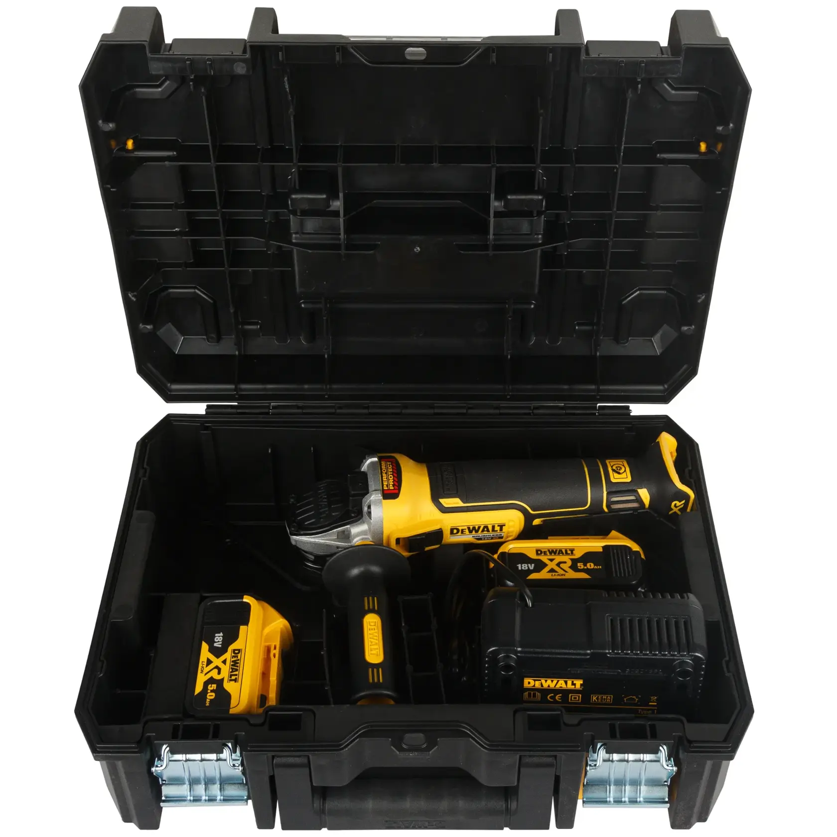 DEWALT cordless angle grinder kit with battery and charger in a black carrying case.
