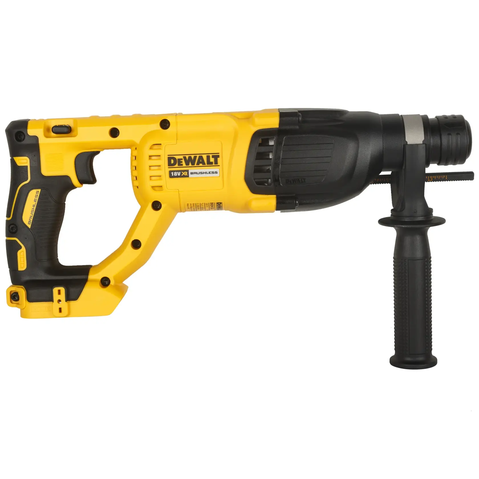 DEWALT 18V rotary hammer drill with brushless motor, yellow and black, side handle visible.