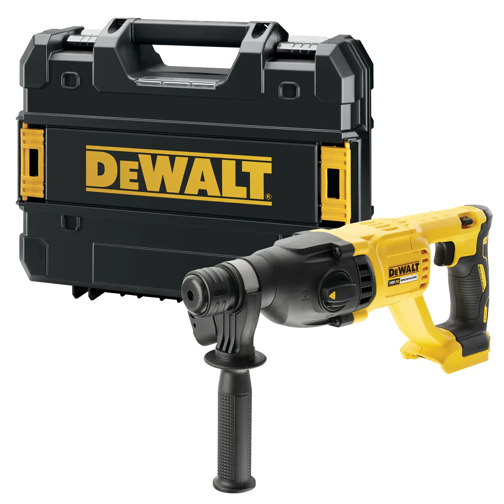 DEWALT rotary hammer drill shown with a sturdy carrying case. Yellow and black professional power tool.