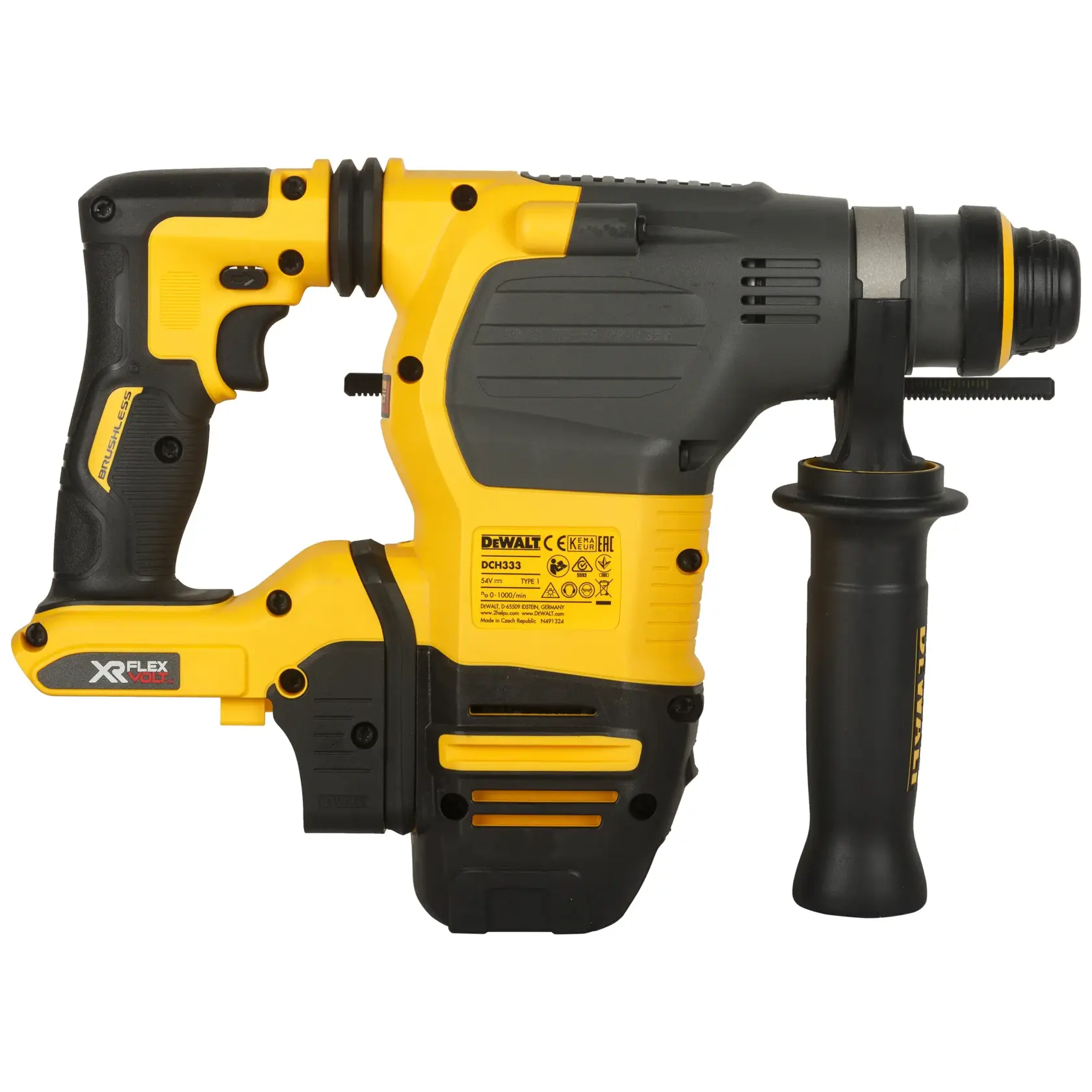 DEWALT DCH333NT yellow and black cordless rotary hammer drill with side handle, suitable for heavy-duty construction use.