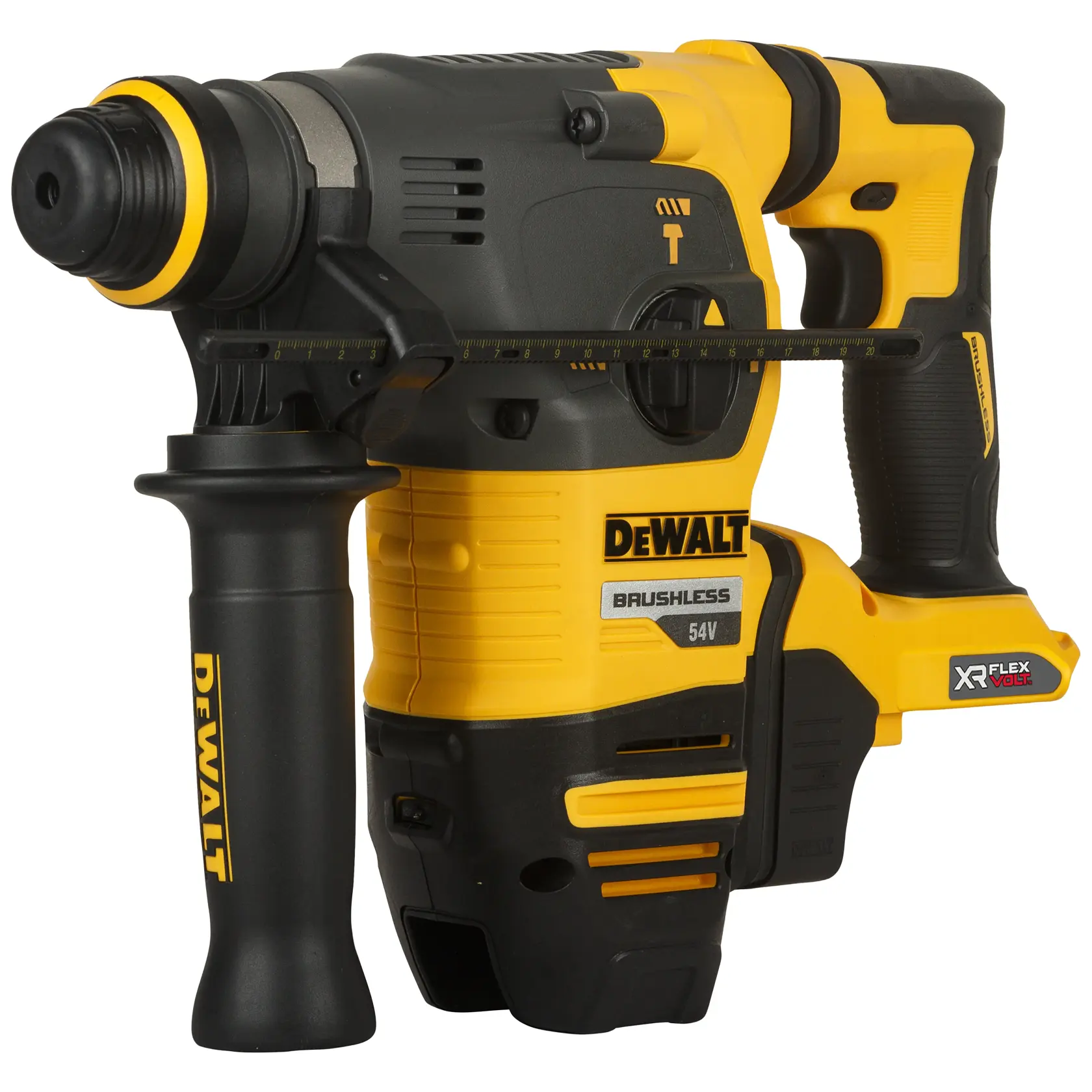DEWALT DCH333NT brushless rotary hammer drill, 54V, yellow and black, with side handle, XR Flexvolt label.