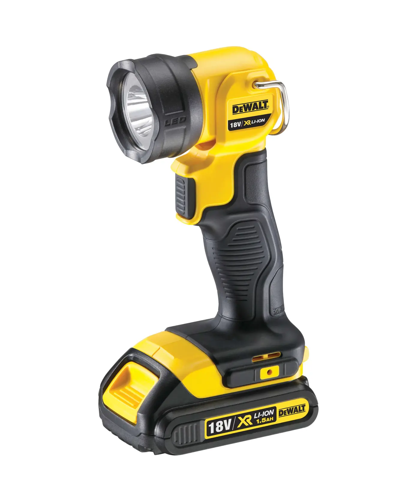 DEWALT DCL040 18V cordless LED work light with ergonomic handle and yellow-black design.