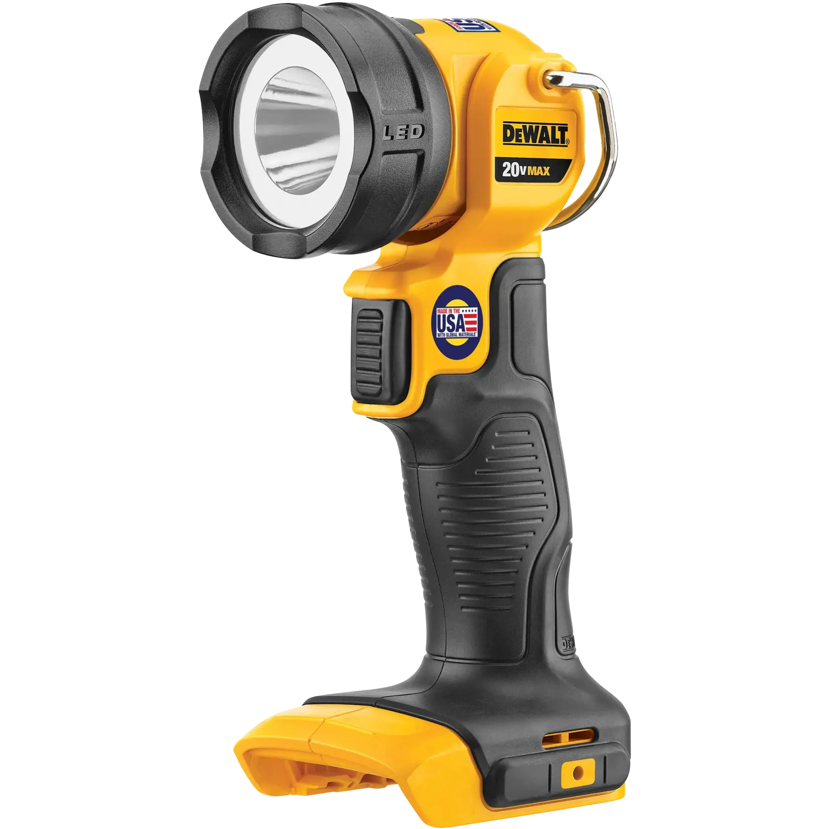 A DEWALT DCL040 20V MAX LED work light with a black and yellow handle, shown standing upright. The product features a large circular LED light at the top and a sturdy ergonomic grip.