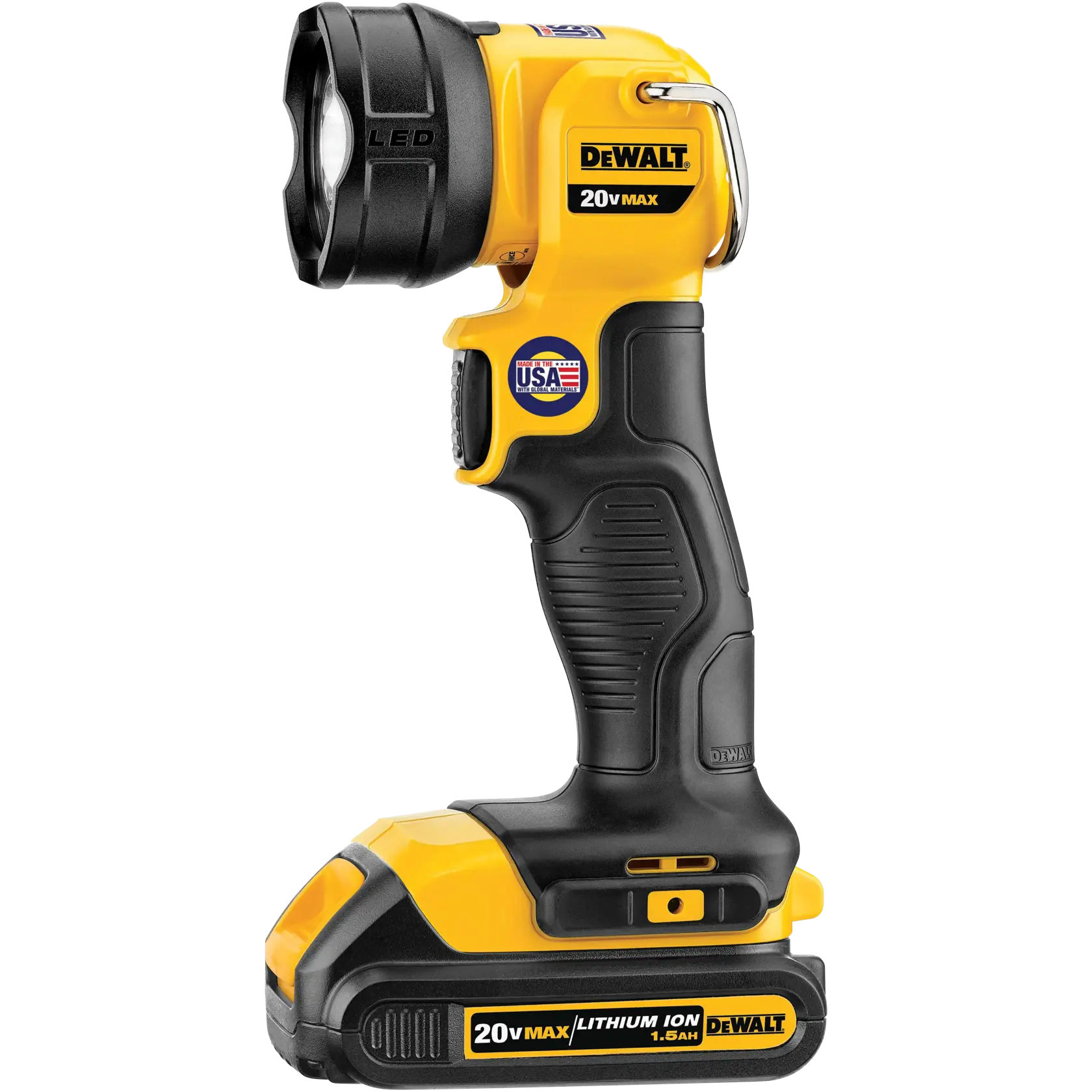 A DEWALT 20V Max lithium ion cordless LED work light with a yellow and black design. The light has a USA sticker on the side, a comfortable grip, and a rechargeable battery base.