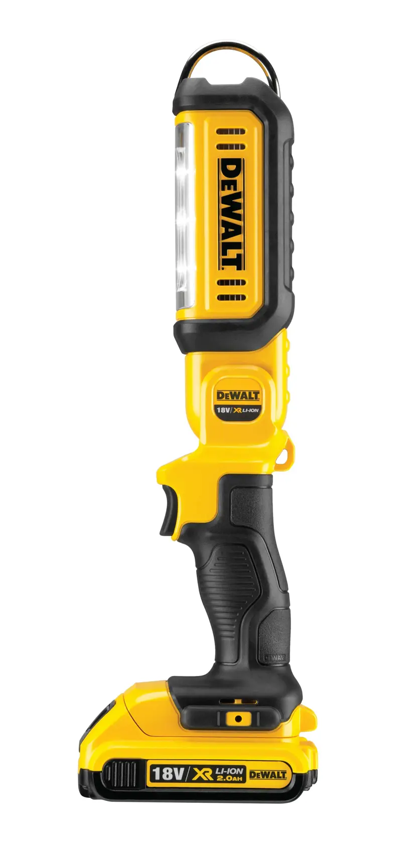 DEWALT DCL050 cordless LED work light with black and yellow design and 18V lithium-ion battery.