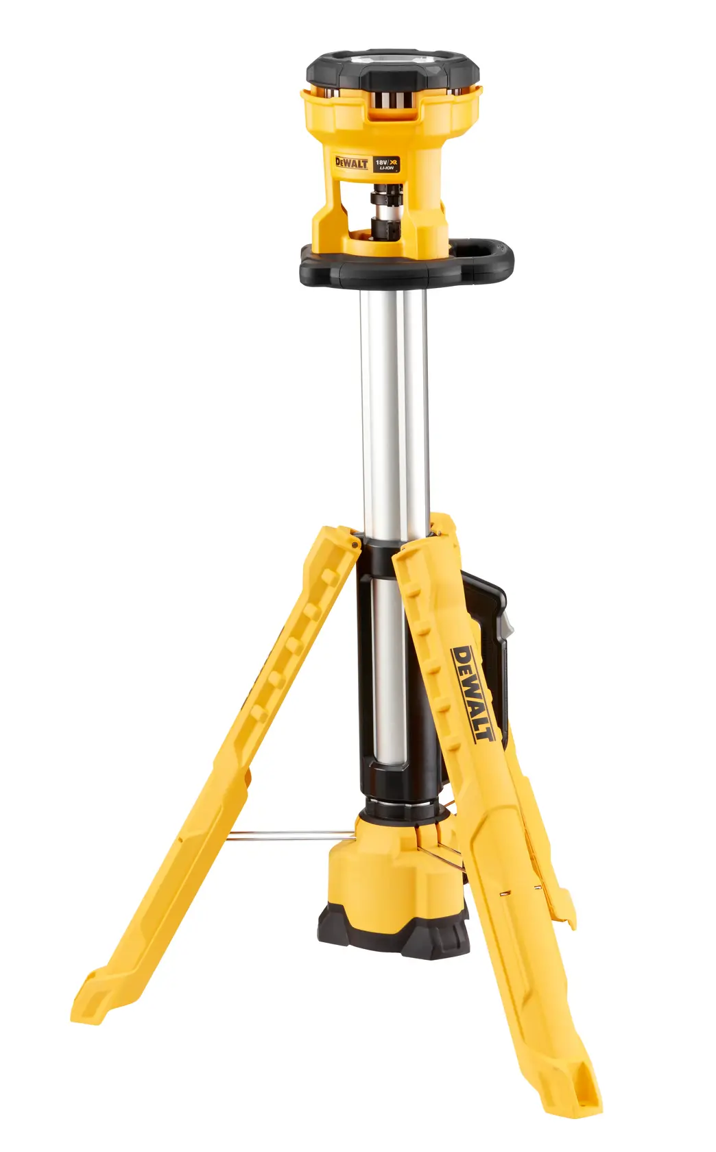 DEWALT work light with tripod, yellow/black, photography, SKUs DCL079-XJ, DCL079, front angle on white.