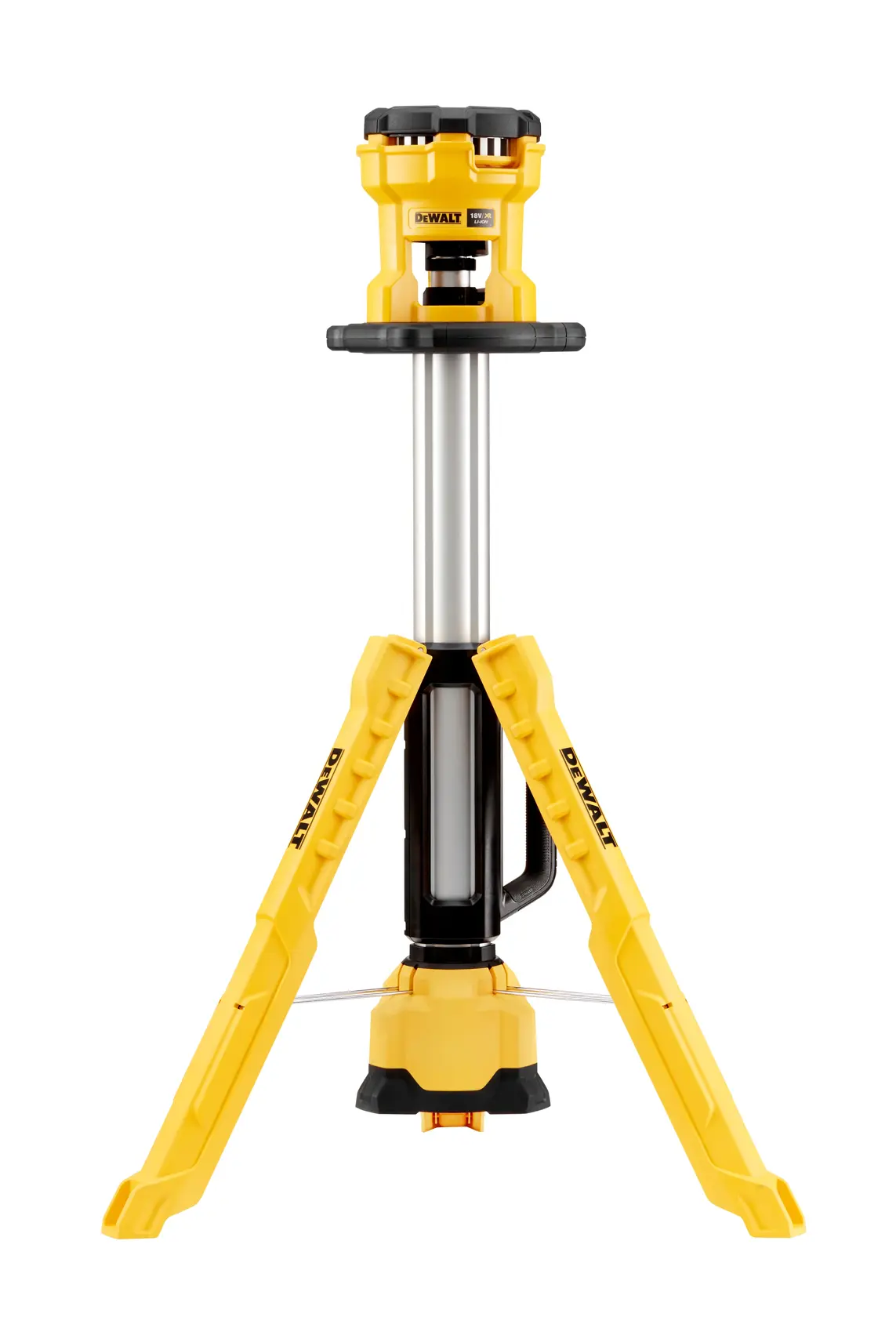 Photo of DEWALT tripod work light, yellow and black, SKUs DCL079-XJ, DCL079, front angle, white background.