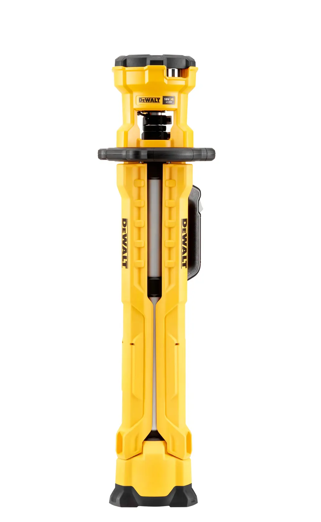 Photo of DEWALT yellow tripod light folded, front angle, SKUs DCL079-XJ, DCL079, photography category.