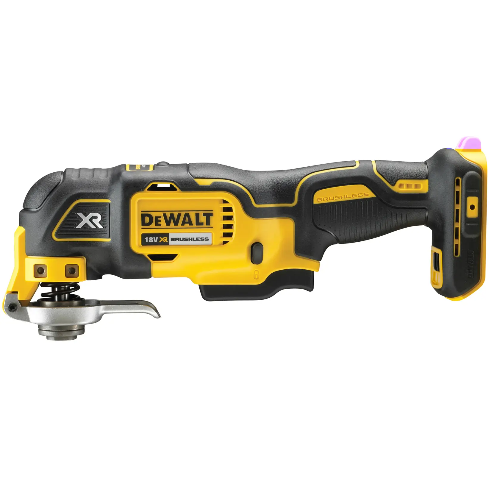 A DEWALT DCS356N cordless oscillating multi-tool with accessories including two cutting blades, three sanding pads, a sanding attachment, and small tool pieces, all displayed on a white background.