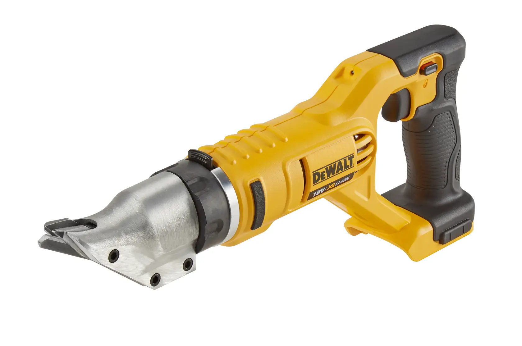 Photo of DEWALT cordless metal shear, yellow and black, right angle, SKUs DCS491NT-XJ, DCS491NT, white background.