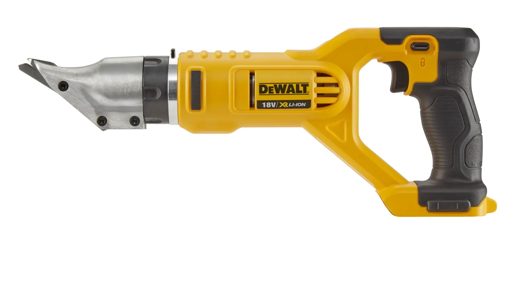 Photo of DEWALT cordless shear, yellow/black, side view, SKUs DCS491NT-XJ, DCS491NT, product category Photography.