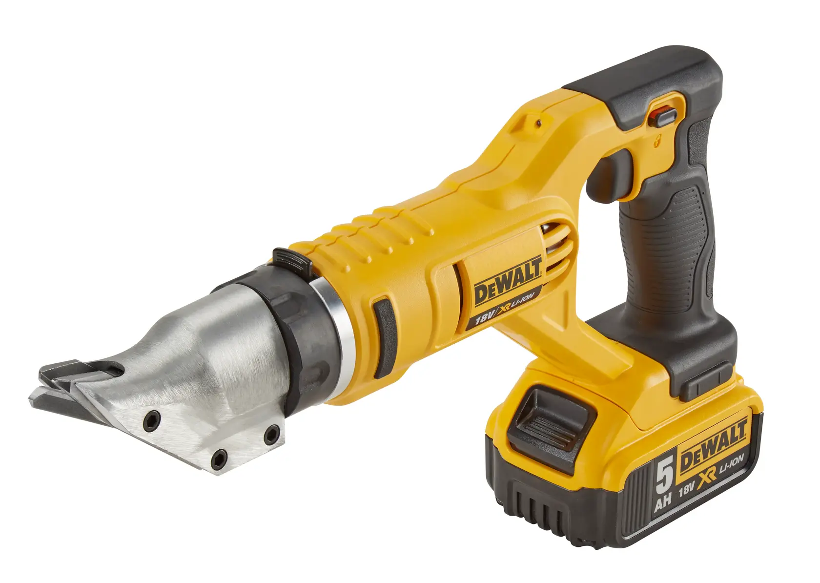 Photo of DEWALT cordless metal shear tool, yellow and black, SKUs DCS491NT-XJ, DCS491NT, side view on white.