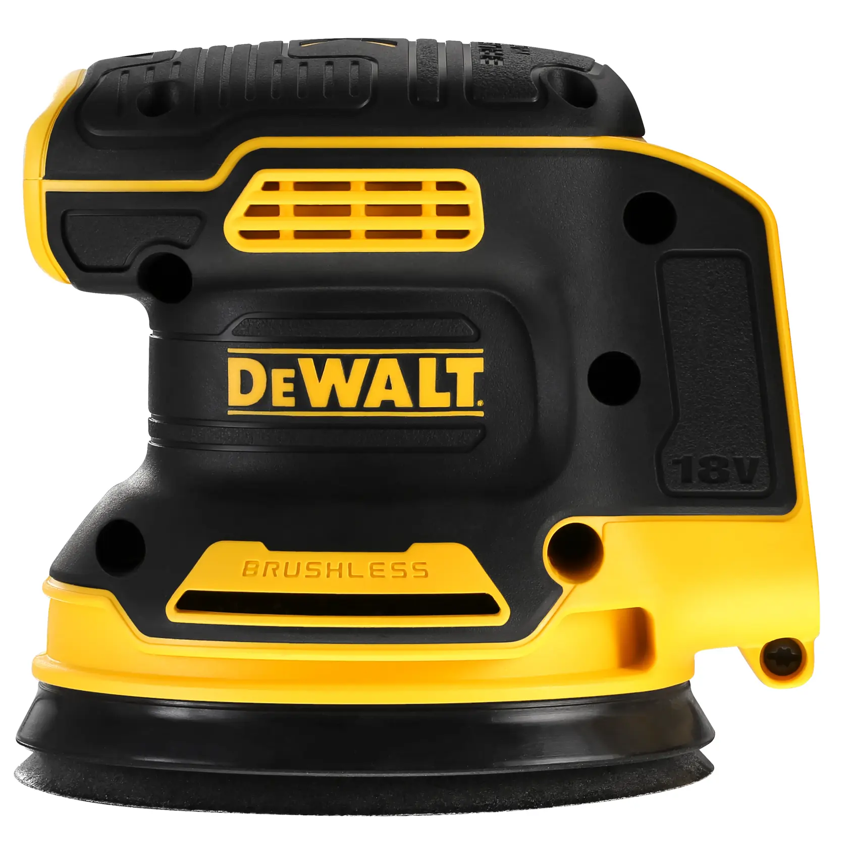 A close-up image of a DEWALT cordless brushless 18V random orbital sander, featuring black and yellow housing with the DEWALT logo prominently displayed.