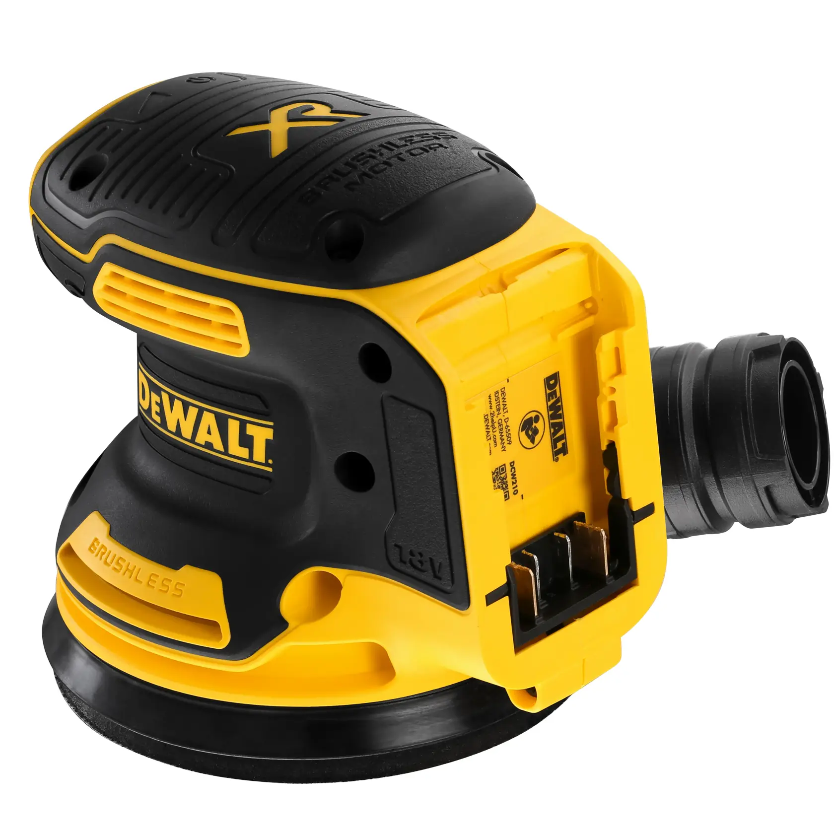 A close-up image of a DEWALT DCW210N cordless brushless random orbital sander in yellow and black, showing the tool's detailing and battery slot.