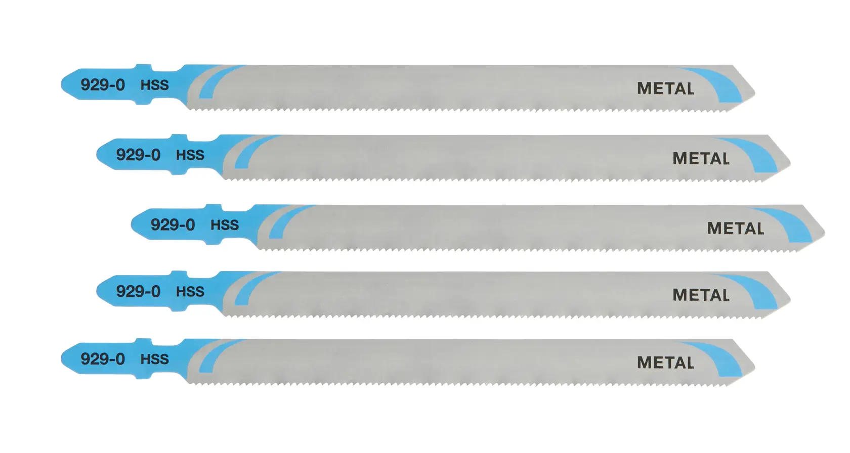 Set of five DEWALT metal jigsaw blades with blue tips, labeled 929-0 HSS, designed for metal cutting tasks.