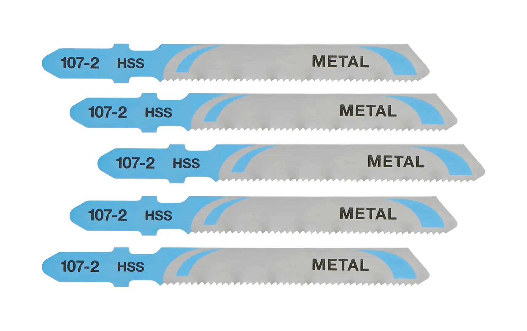 Five DEWALT DT2160 metal cutting jigsaw blades, silver with blue ends, arranged in a row on a white background.