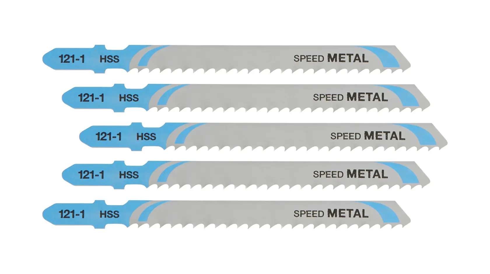 Five DEWALT DT2163 metal cutting jigsaw blades with blue and silver design, labeled HSS and SPEED METAL.