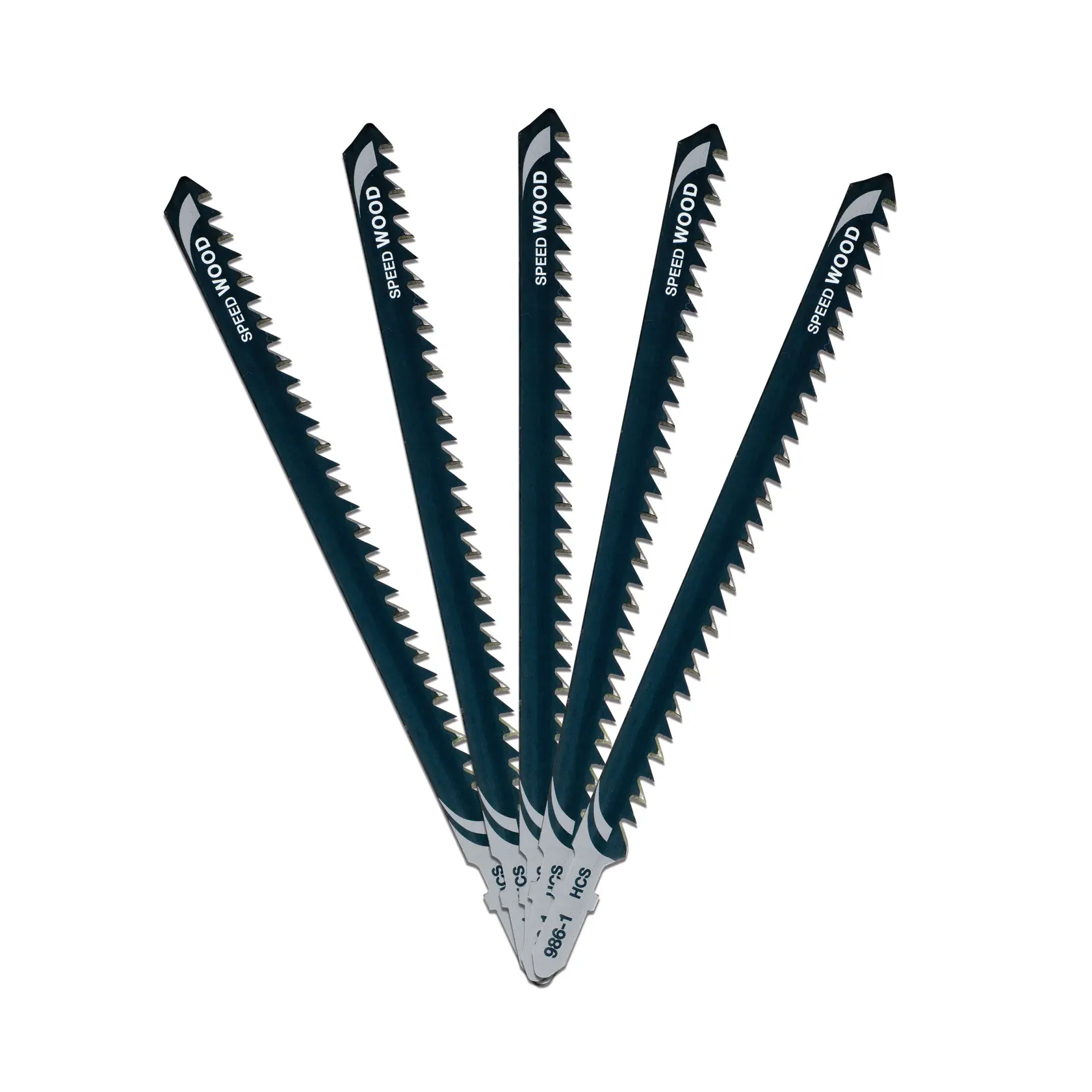Five DEWALT jigsaw blades for wood, fanned out in a semi-circle on a white background.