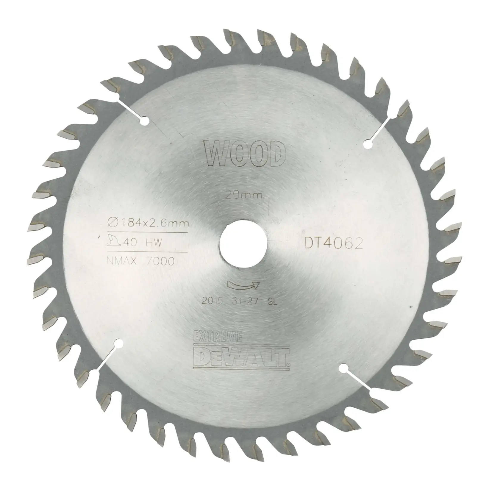 A circular saw blade for wood cutting, manufactured by DEWALT, model DT4062. The blade is made of metal, has sharp teeth arranged around the edge, and features specifications such as diameter 184 mm, thickness 2.6 mm, and a 29 mm center hole.