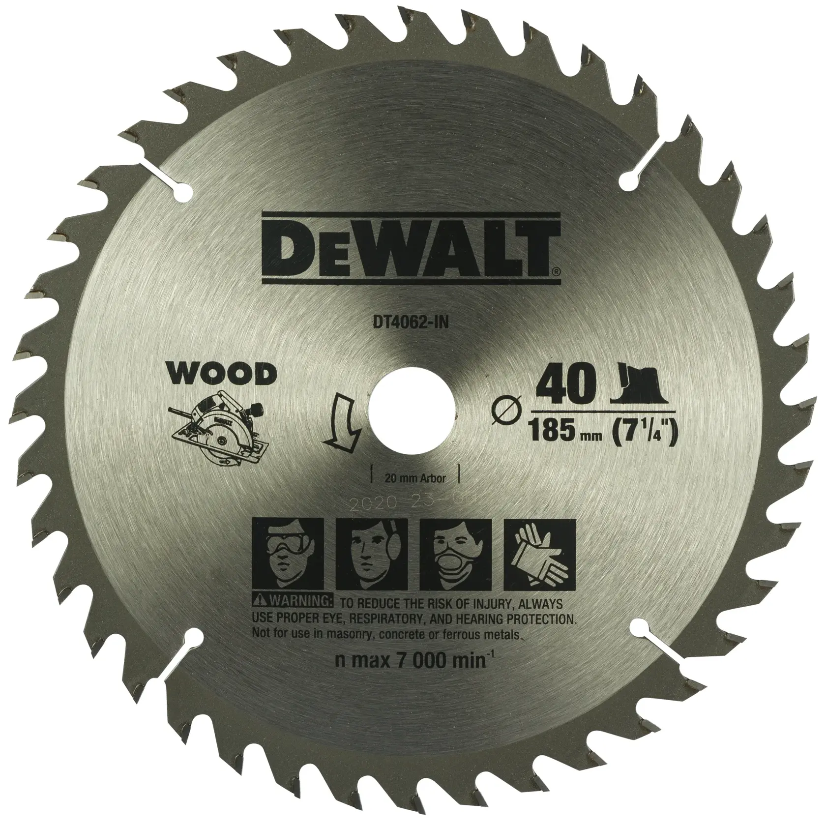 A close-up image of a DEWALT DT4062-IN circular saw blade for wood. The blade is metallic with sharp teeth around the edges, labeled for 185 mm diameter and 40 teeth. It shows safety icons for protective eyewear, mask, and gloves, with a warning about proper use and maximum speed of 7000 revolutions per minute.