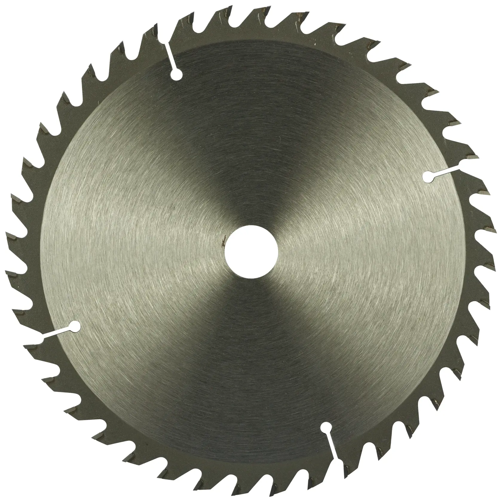 A close-up image of a circular saw blade with sharp teeth and a central hole, used for cutting wood or metal.