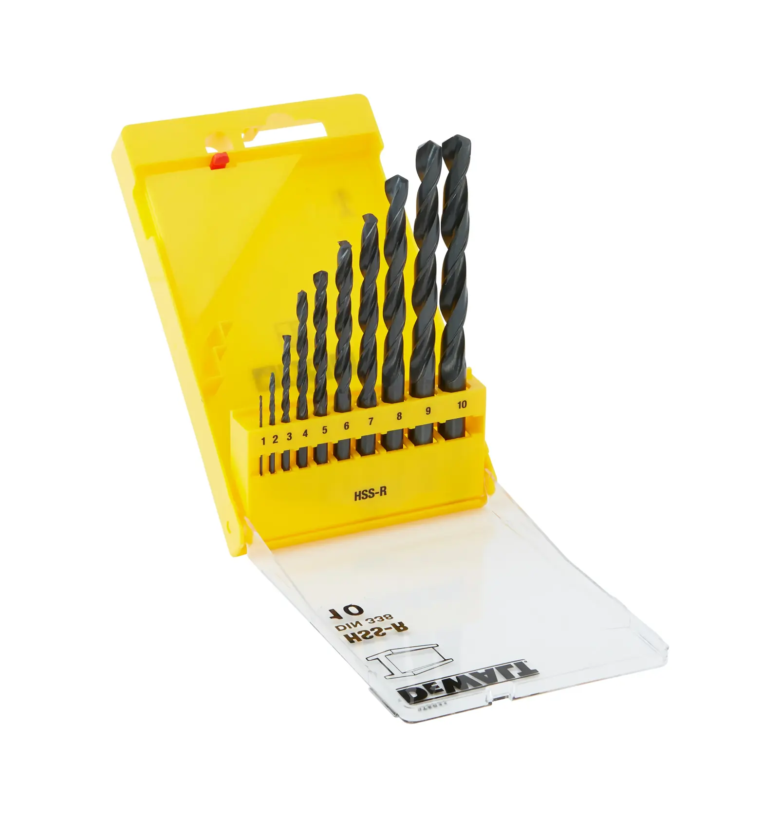 A yellow DEWALT plastic case containing a set of ten high-speed steel drill bits of different sizes, arranged in ascending order from smallest to largest with a transparent cover.