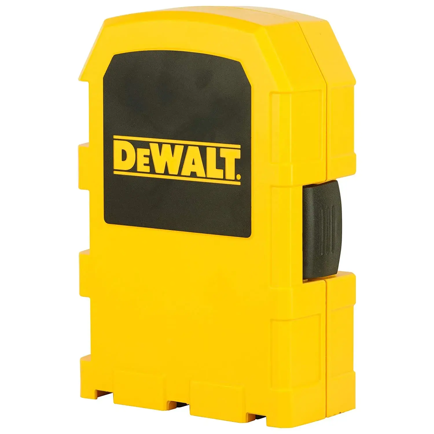 A yellow and black DEWALT branded plastic case, standing upright, used for storing and protecting tools or accessories.