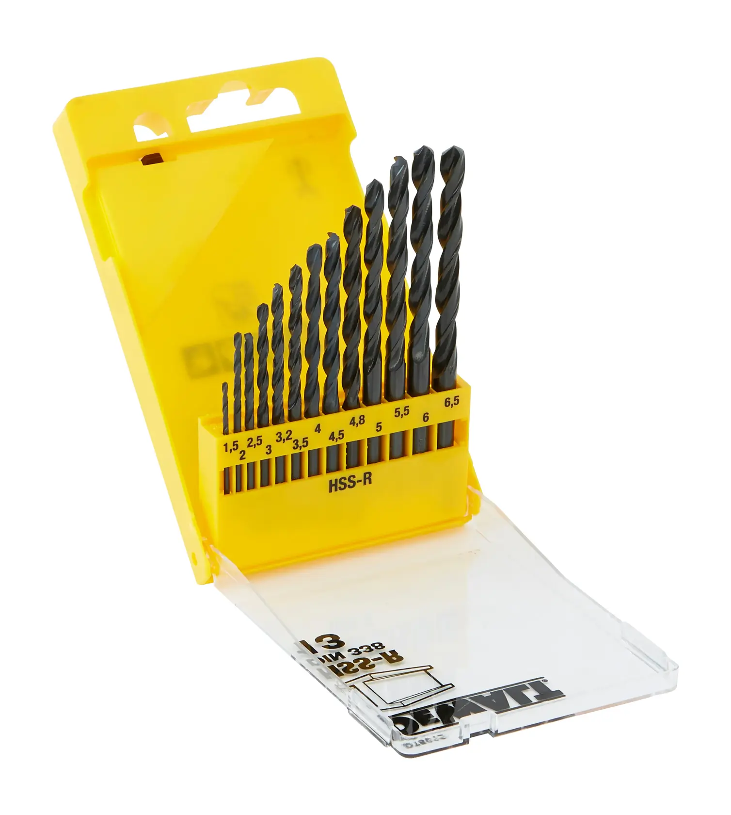 A yellow plastic case containing a set of DEWALT HSS-R metal drill bits in various sizes, arranged in ascending order. The case is open and the drill bits are held upright in labeled slots.