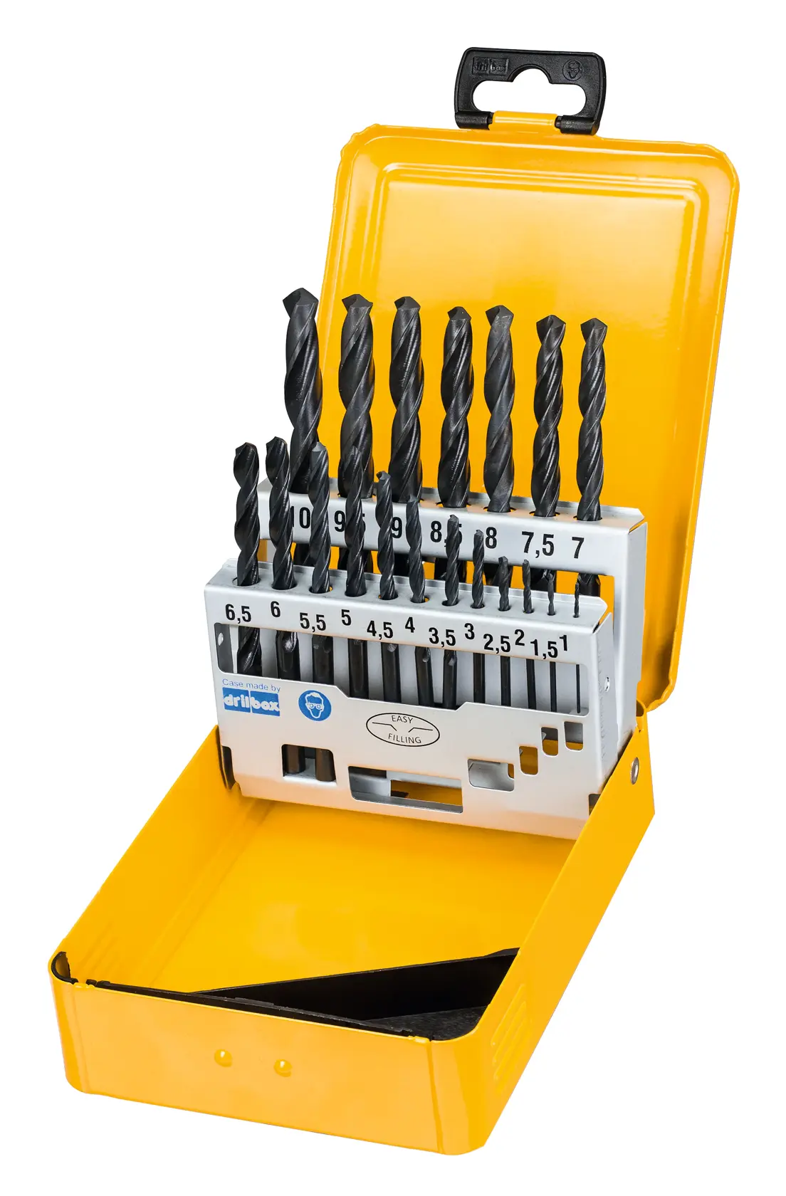 A yellow metal case containing a set of DEWALT drill bits, with various sizes organized in a labeled holder inside the box. The case is open and shows the drill bits neatly arranged.