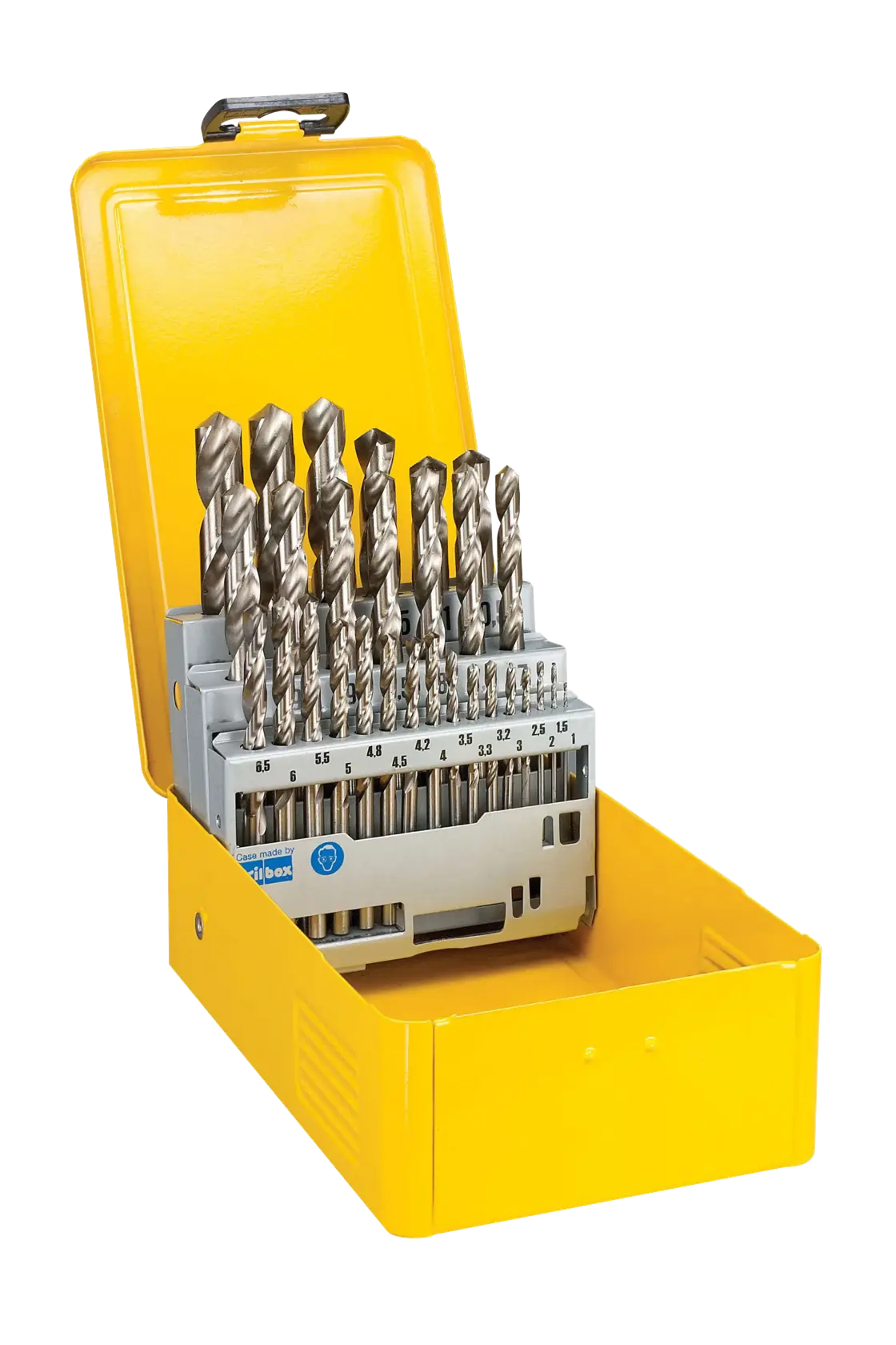 DEWALT drill bit set in a yellow metal box with various sizes organised upright, box lid open.