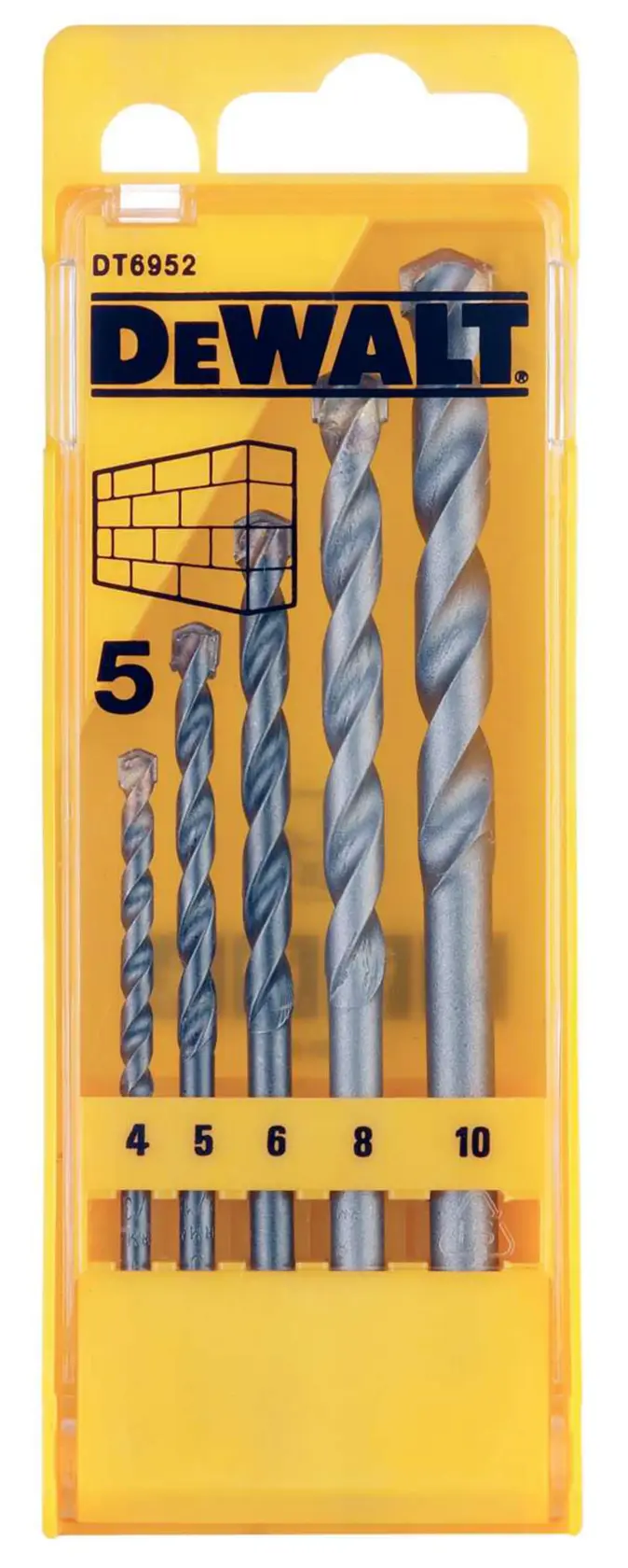 DEWALT masonry drill bit set, 5 pcs, SKUs DT6952-QZ, DT6952, in yellow box for photography category.