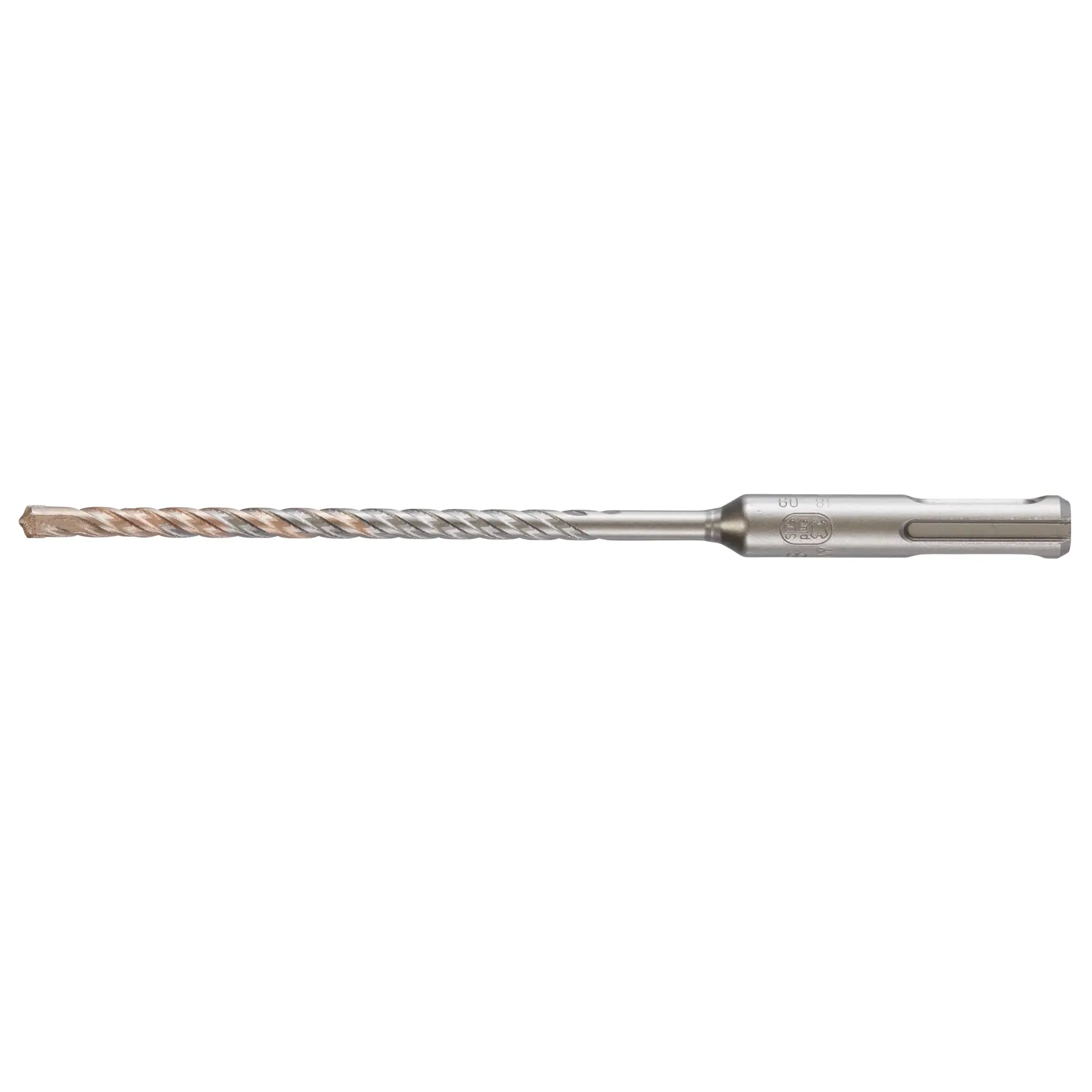 Long, metallic DEWALT DT9505 drill bit with spiral flutes and SDS shank for masonry drilling.