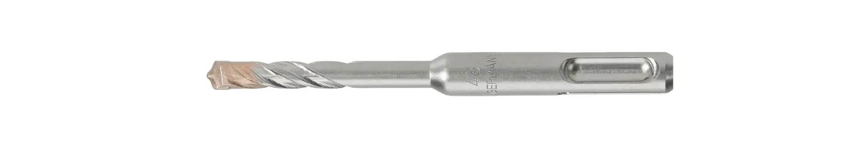Single DEWALT SDS drill bit for masonry, silver, with spiral flutes and flat shank, isolated on white.