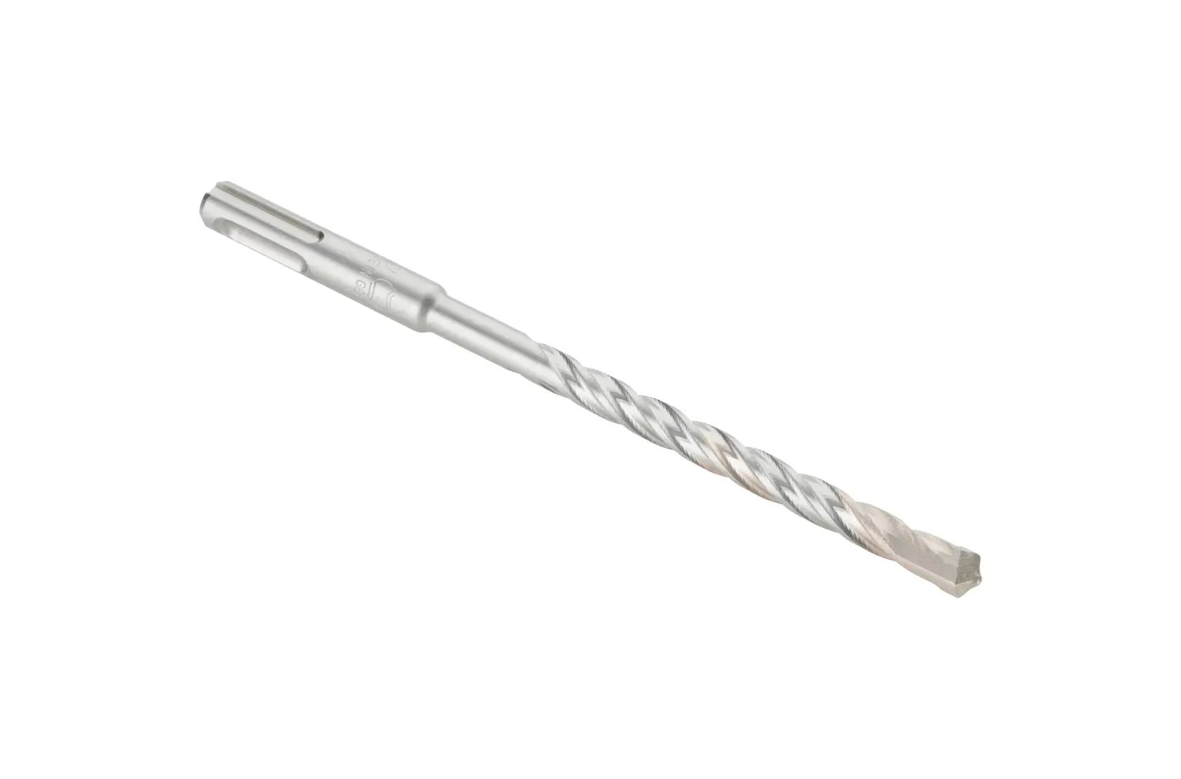 A single metal SDS-plus masonry drill bit with a spiral flute and cutting tip, isolated on a white background.