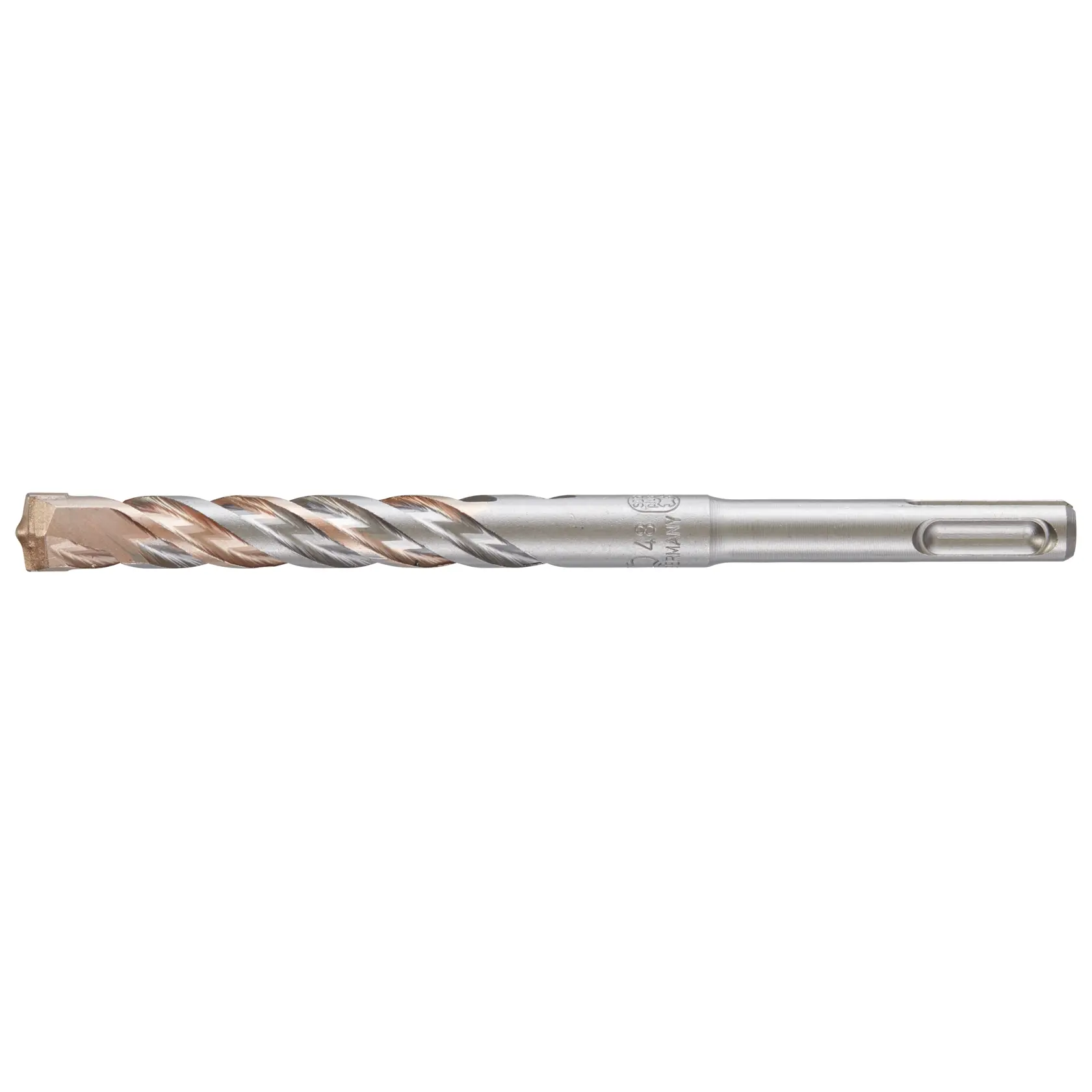 A DEWALT DT9552 metal drill bit with spiral flutes and a reinforced tip, used for drilling materials.