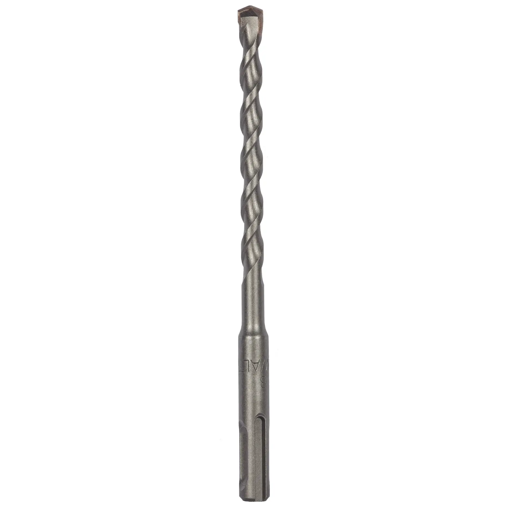 A metal SDS masonry drill bit with spiral flutes, shown upright against a white background.