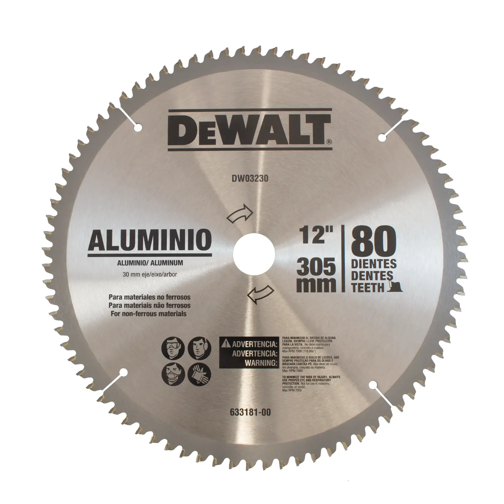 A round DEWALT saw blade for aluminum and non-ferrous materials, model DW03230, featuring 80 teeth and a diameter of 12 inches (305 mm). Safety warnings and specifications are printed on the blade.