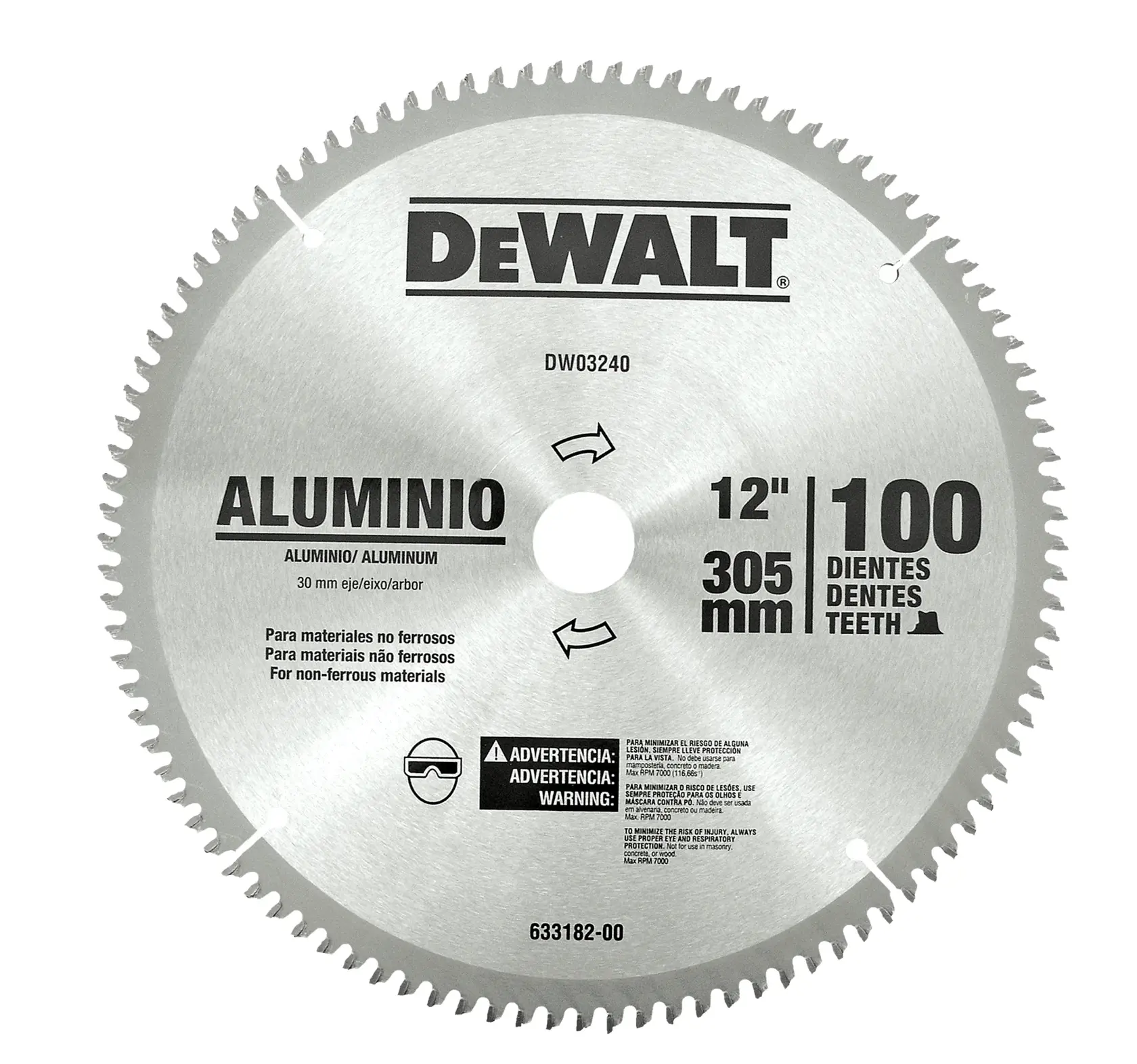 DEWALT aluminum saw blade, 12 inch, 305 mm diameter, 100 teeth, for non-ferrous materials, SKU DW03240.