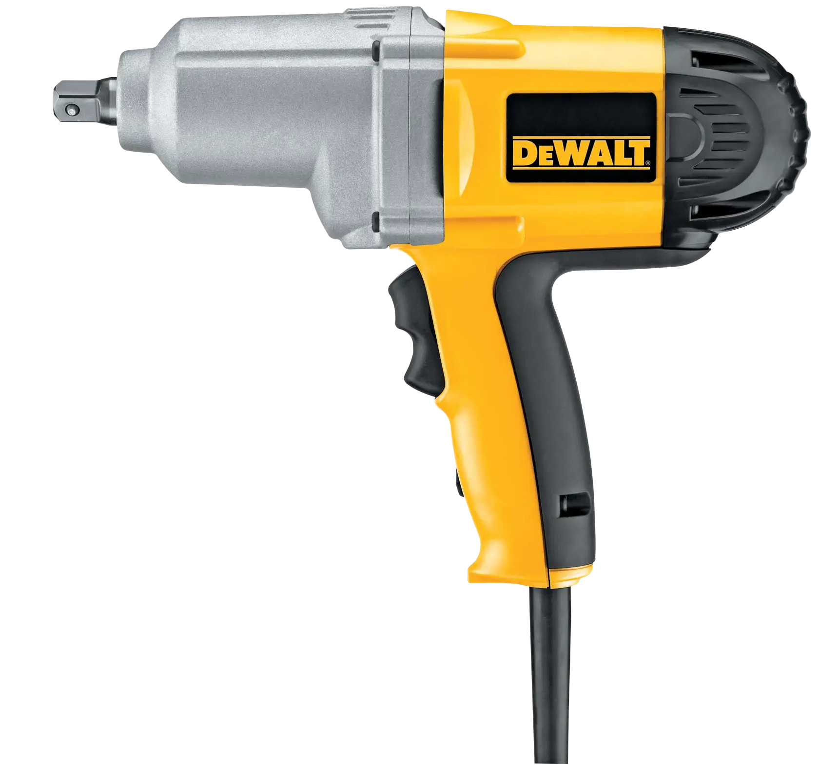 Yellow and black DEWALT corded impact wrench with a metal head and ergonomic handle, shown on a white background.