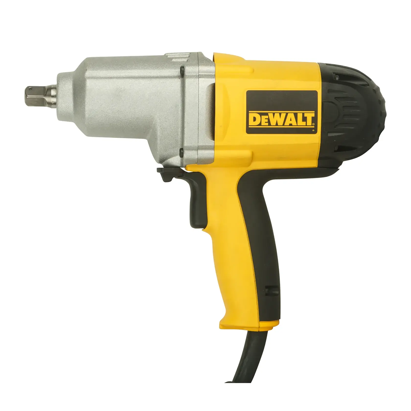 A DEWALT DW292 corded electric impact wrench with a yellow and black handle and metallic front housing, displayed on a white background.