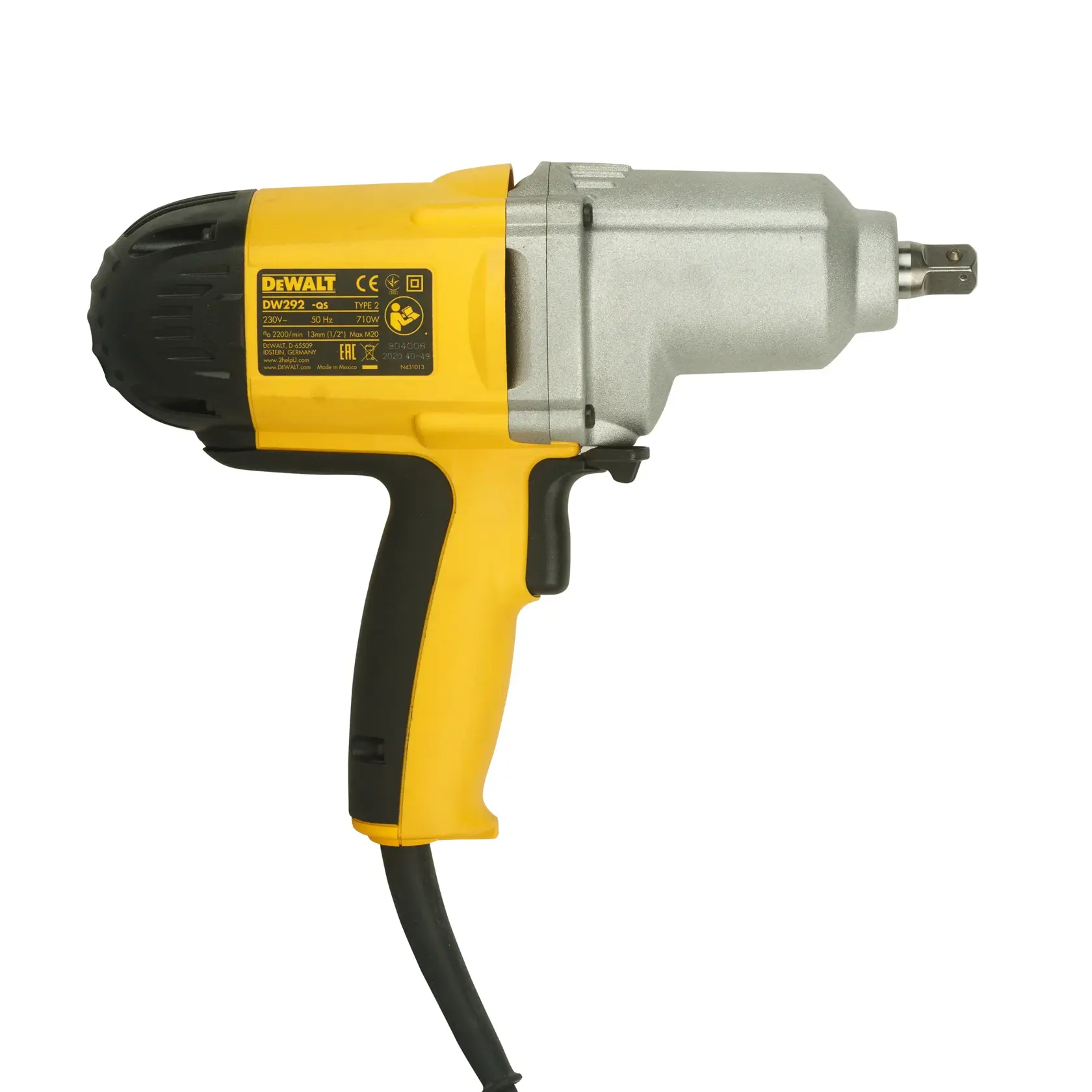 A yellow and black DEWALT DW292 electric impact wrench with a cord, shown from the side.